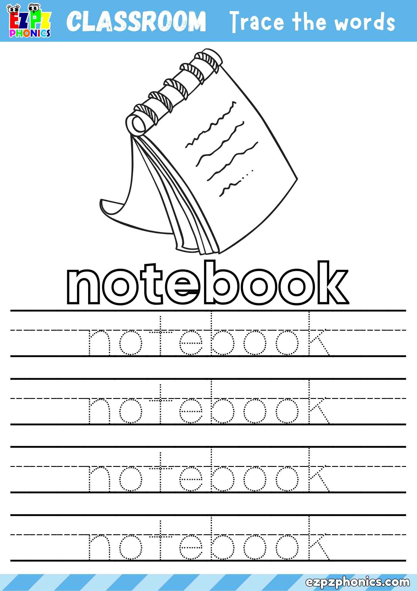 Notebook - Classroom Objects Vocabulary Word Tracing Activity - Color the Notebook and Trace the Word Notebook (Free PDF Download)